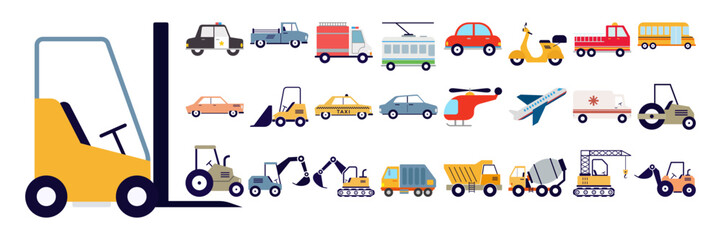 Car and Public Transport Hand Draw Style. Cartoon Transportation Doodles set. Children's products. Emergency vehicles and Construction Equipment