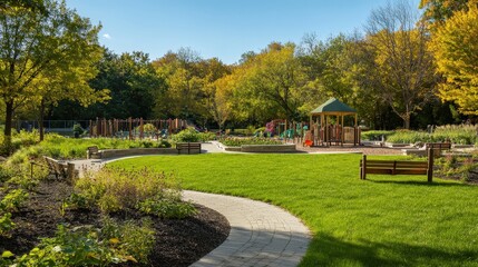 Fototapeta premium A park with a community garden, playgrounds, and wide green lawns, providing a gathering place for families and people of all ages in the city
