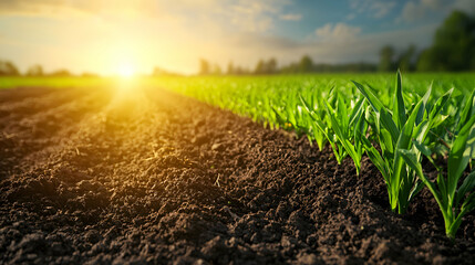 Green Cornfield at Sunrise with Soil Foreground and Rural Scenery