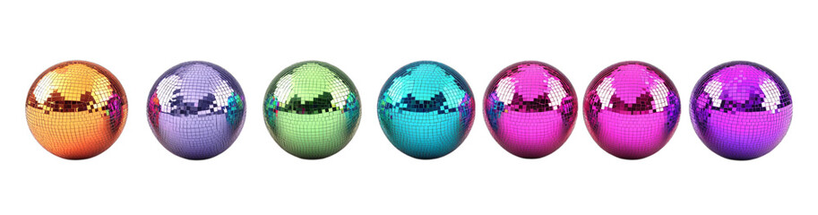 Colorful reflective disco balls aligned on black background. Isolated on transparent background. Generative AI