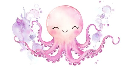 Playful chibi octopus with tiny tentacles, soft purple watercolor tones, and a happy expression, floating on a white background