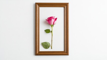 Pink Rose in Frame Against White Wall for Artistic Display