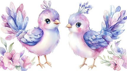 Playful chibi peacock with a tiny colorful tail, delicate watercolor feathers, and a proud stance, standing on a white background