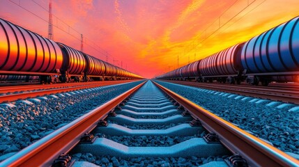 Fototapeta premium Vibrant Sunset Over Railway Tracks With Cargo Carriers in Distant Perspective
