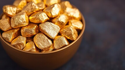 Obraz premium Commodity Market Concept, Gleaming Gold Nuggets in Bowl on Dark Background, Perfect for Financial Themes