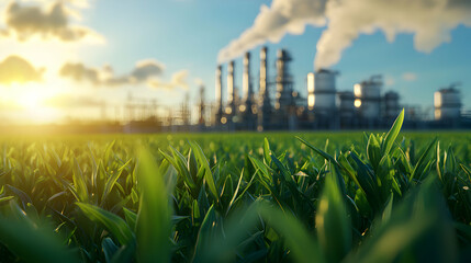Green Grass Field with Industrial Plant and Sunset Sky in Background