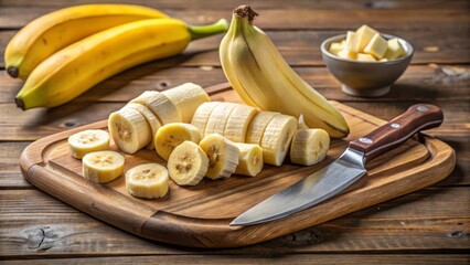 Slicing bananas on a wooden cutting board a culinary action in a rustic kitchen environment