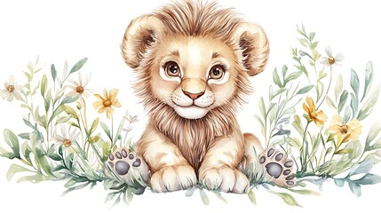Sweet chibi-style lion cub with a fluffy mane, big round eyes, and soft watercolor shading, isolated on a white background
