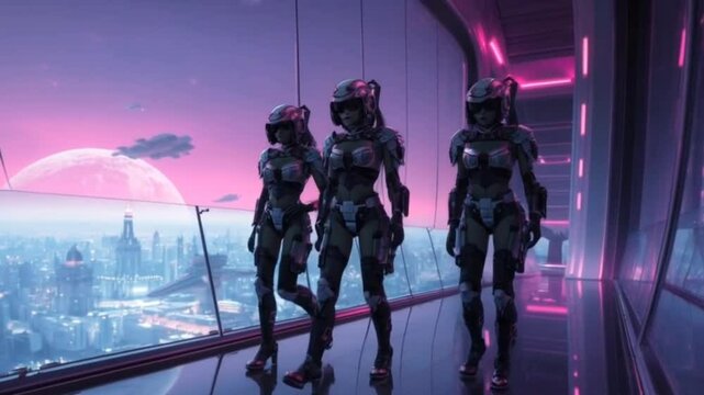 Three female soldiers wearing futuristic uniforms, walk in the hallway of a spaceship