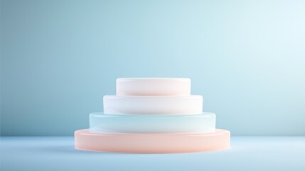 A tiered podium in soft gradient hues against a muted blue background