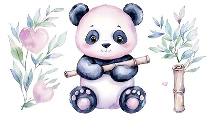 Adorable chibi panda sitting and holding a bamboo stick, designed in watercolor with gentle pastel tones, isolated on a white background