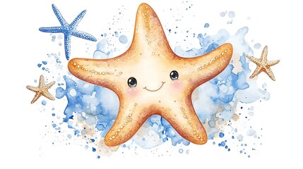 Adorable chibi starfish with soft watercolor shading and tiny eyes, smiling on a white background