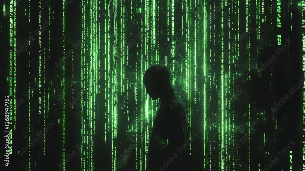 Poster hacker observing falling green digital rain code programming language in cyberspace