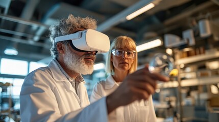 An Older Caucasian Male Senior Scientist and a Mid-aged Caucasian Female Researcher Wearing VR Headsets in a Modern Laboratory Setting, Engaged in a Virtual Experiment Together
