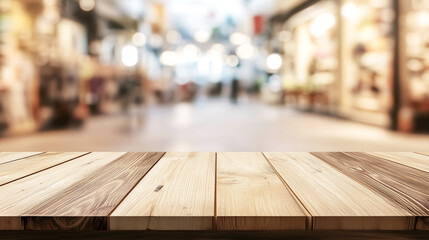 Empty Wooden Table with Blurred Fashion Store Background – Perfect for Product Display, E-commerce, and Retail Marketing