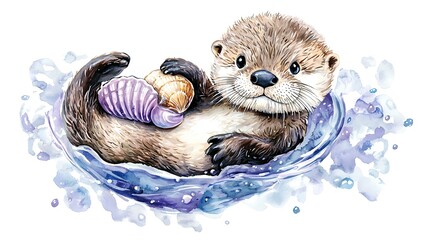 Chibi baby otter floating on its back, holding a tiny seashell, soft watercolor glow, white background