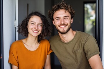Fototapeta premium Happy young couple with natural smiles posing near a doorway, looking toward the camera.