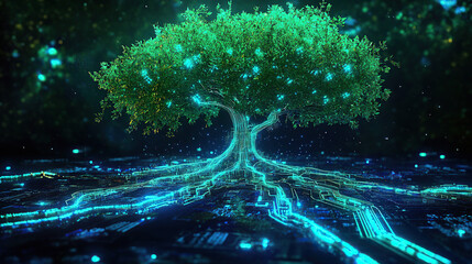 Fototapeta premium Bioluminescent Tree with Circuit Board Roots
