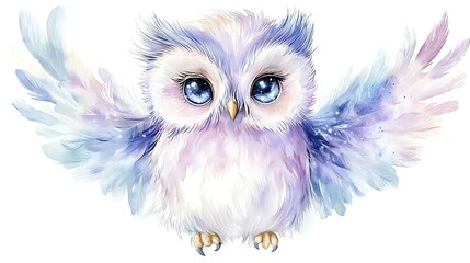 Chibi cosmic owl with wings made of swirling galaxies, staring with glowing eyes, soft watercolor cosmic theme, white background