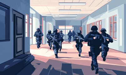 Obraz premium Armed officers rush through a hallway.
