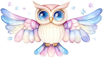 Chibi cosmic owl with wings made of swirling galaxies, staring with glowing eyes, soft watercolor cosmic theme, white background