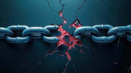 A rustic broken metal chain cracking apart, revealing a dramatic red core effect, symbolizing collapse, weakness, and security failure of the network.