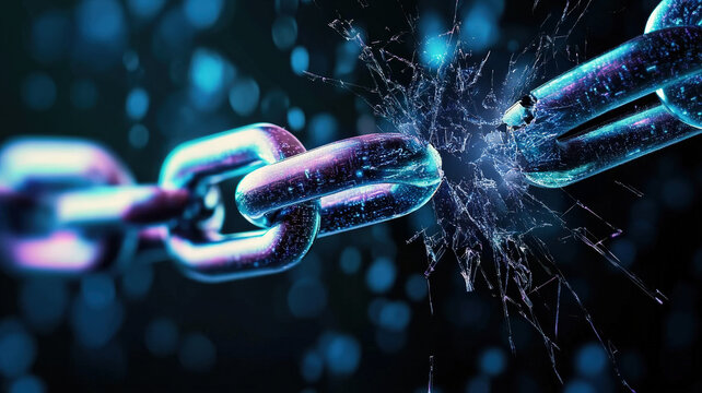 A futuristic broken metal chain with a glowing effect, symbolizing security breaches, data vulnerability, and cybersecurity threats in blockchain technology.