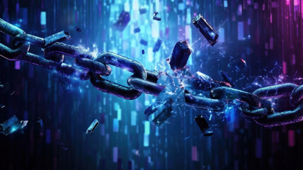 A shattered digital chain in a futuristic setting, representing blockchain failure, cyber threats, and security vulnerabilities.
