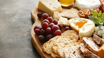 Fototapeta premium Delicious platter of assorted cheeses, grapes, and breads arranged beautifully on a wooden board