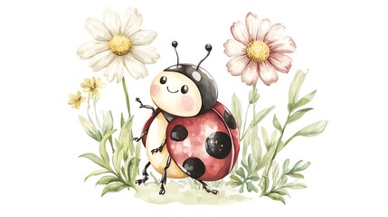 Chibi-style ladybug with a tiny round body, soft watercolor red wings, and a cheerful expression, crawling on a white background