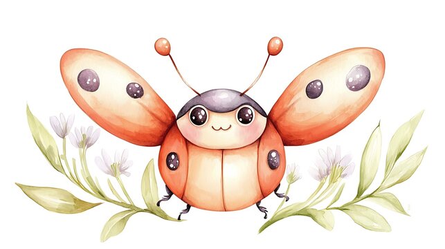 Chibi-style ladybug with a tiny round body, soft watercolor red wings, and a cheerful expression, crawling on a white background
