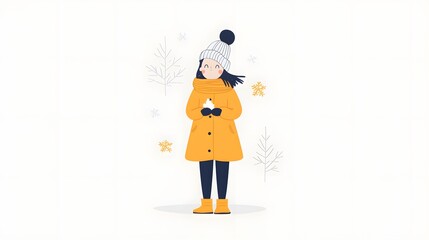 Young girl in yellow coat enjoying winter snowflakes while holding a warm drink in a snowy setting