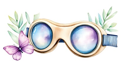 Chibi-style safety goggles with soft watercolor shading, tiny round lenses, and a cute protective vibe, placed on a white background