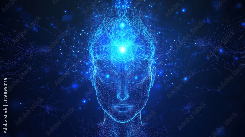 Aufkleber Digital representation of a human mind illuminated with blue light and neural connections in a dark setting. Generative AI