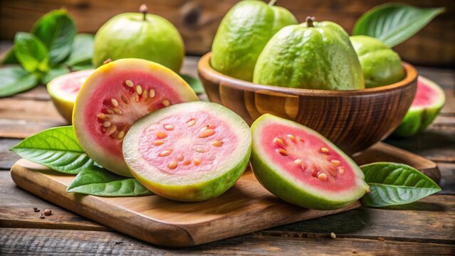 Slicing fresh guava on wooden cutting board kitchen setting food photography rustic environment close-up view for culinary inspiration