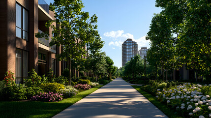 Green Urban Landscape with Trees Lining Street and Modern Buildings Under Blue Sky