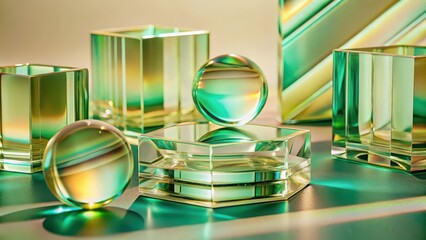 Abstract Glass Objects, Green Teal Gradient, Background Wallpaper