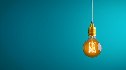 Hanging Lightbulb with Glowing Filament on Gradient Turquoise Background Represents Idea Generation and Creative Solutions