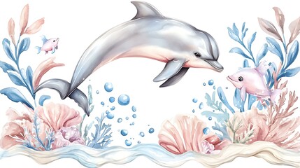 Cute chibi dolphin jumping from the ocean, making a tiny splash, soft watercolor waves, white background