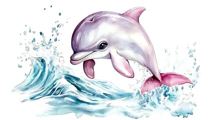 Cute chibi dolphin jumping from the ocean, making a tiny splash, soft watercolor waves, white background