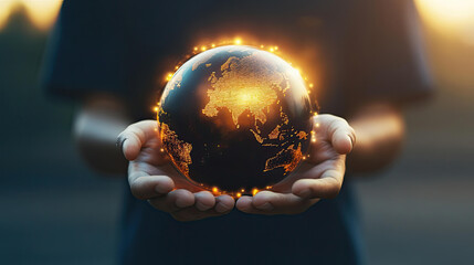 Fototapeta premium Person Gently Holding Illuminated Global Earth Representing Interconnection and Sustainability