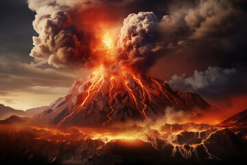 The volcano is erupting and exploding. There is smoke coming out of the volcano. It's a beautiful illustration generative ai