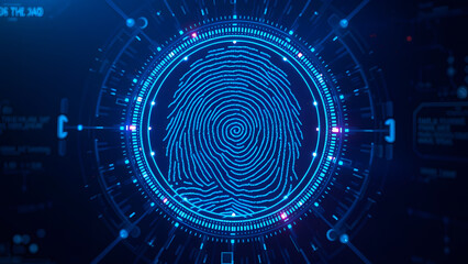Futuristic digital fingerprint with technology circuit design, symbolizing security, identity verification, and biometric data in a tech-focused world