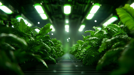 Indoor Vertical Farming with Rows of Green Plants Under Artificial Lights in a Futuristic and Sustainable Environment