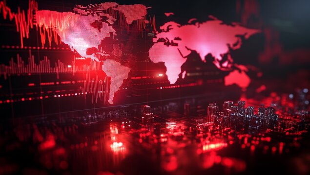 Global crisis Red market graph, world map, circuit board - Powered by Adobe