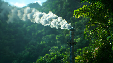 Industrial Chimney Releasing White Smoke Against a Green Forest on a Bright Day