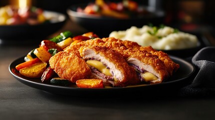Fototapeta premium Golden-breaded Chicken Cordon Bleu with melted cheese and ham inside, served with fresh vegetables and creamy mashed potatoes 