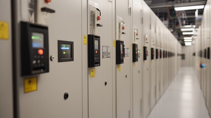 A high-tech server room powered by long-duration energy storage from sustainable sources.