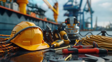 Fototapeta premium Composition with tools and electrical equipment on black table and industrial ship background