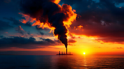 Industrial Factory Silhouette Emitting Smoke at Vivid Sunset Over Calm Ocean Landscape